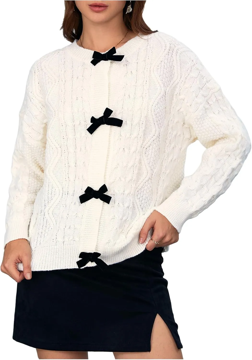 MakeMeChic Women's Bow Knot Sweater Cardigan Cable Knit Long Sleeve Crew Neck Knitted Cardigan Outerwear