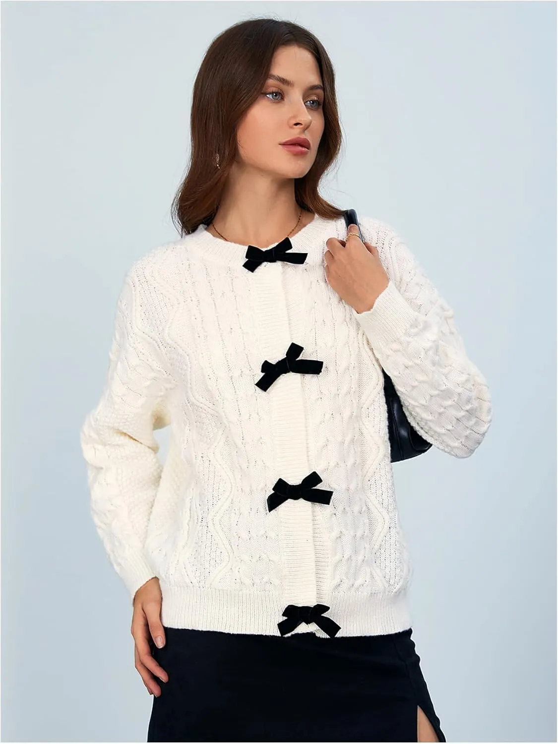 MakeMeChic Women's Bow Knot Sweater Cardigan Cable Knit Long Sleeve Crew Neck Knitted Cardigan Outerwear