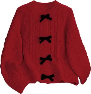 MakeMeChic Women's Bow Knot Sweater Cardigan Cable Knit Long Sleeve Crew Neck Knitted Cardigan Outerwear