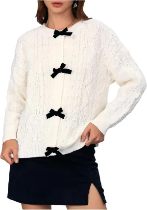 MakeMeChic Women's Bow Knot Sweater Cardigan Cable Knit Long Sleeve Crew Neck Knitted Cardigan Outerwear