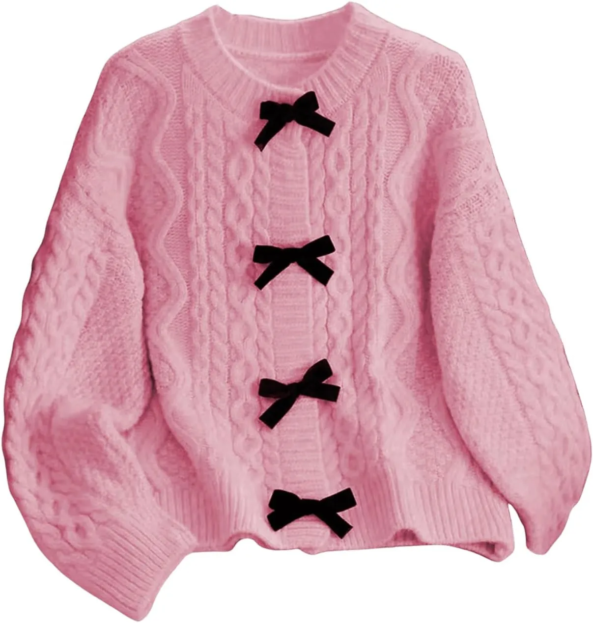 MakeMeChic Women's Bow Knot Sweater Cardigan Cable Knit Long Sleeve Crew Neck Knitted Cardigan Outerwear