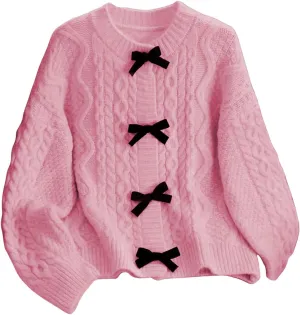 MakeMeChic Women's Bow Knot Sweater Cardigan Cable Knit Long Sleeve Crew Neck Knitted Cardigan Outerwear