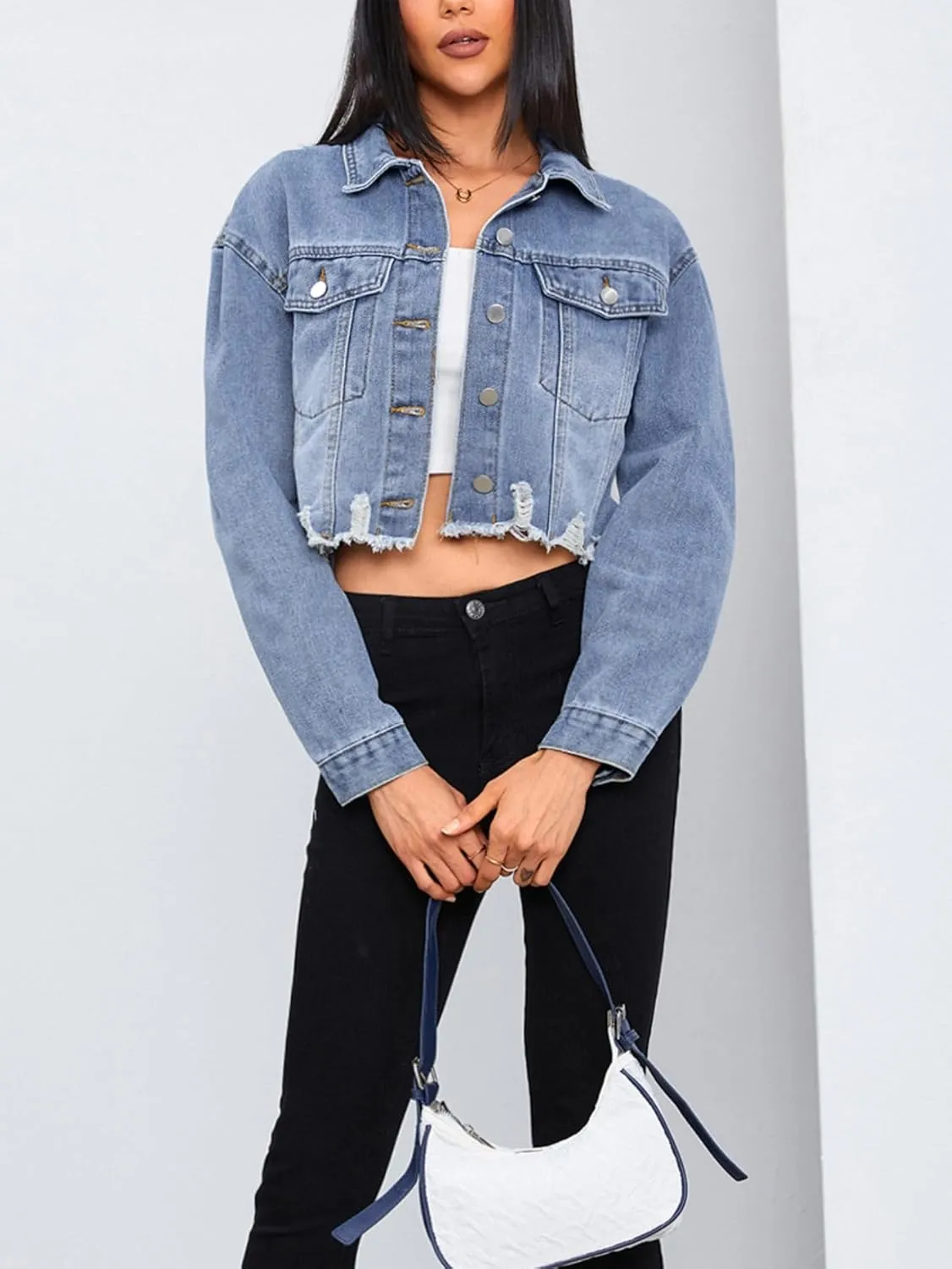 MakeMeChic Women's Crop Denim Jacket Casual Long Sleeve Ripped Frayed Hem Jean Jackets