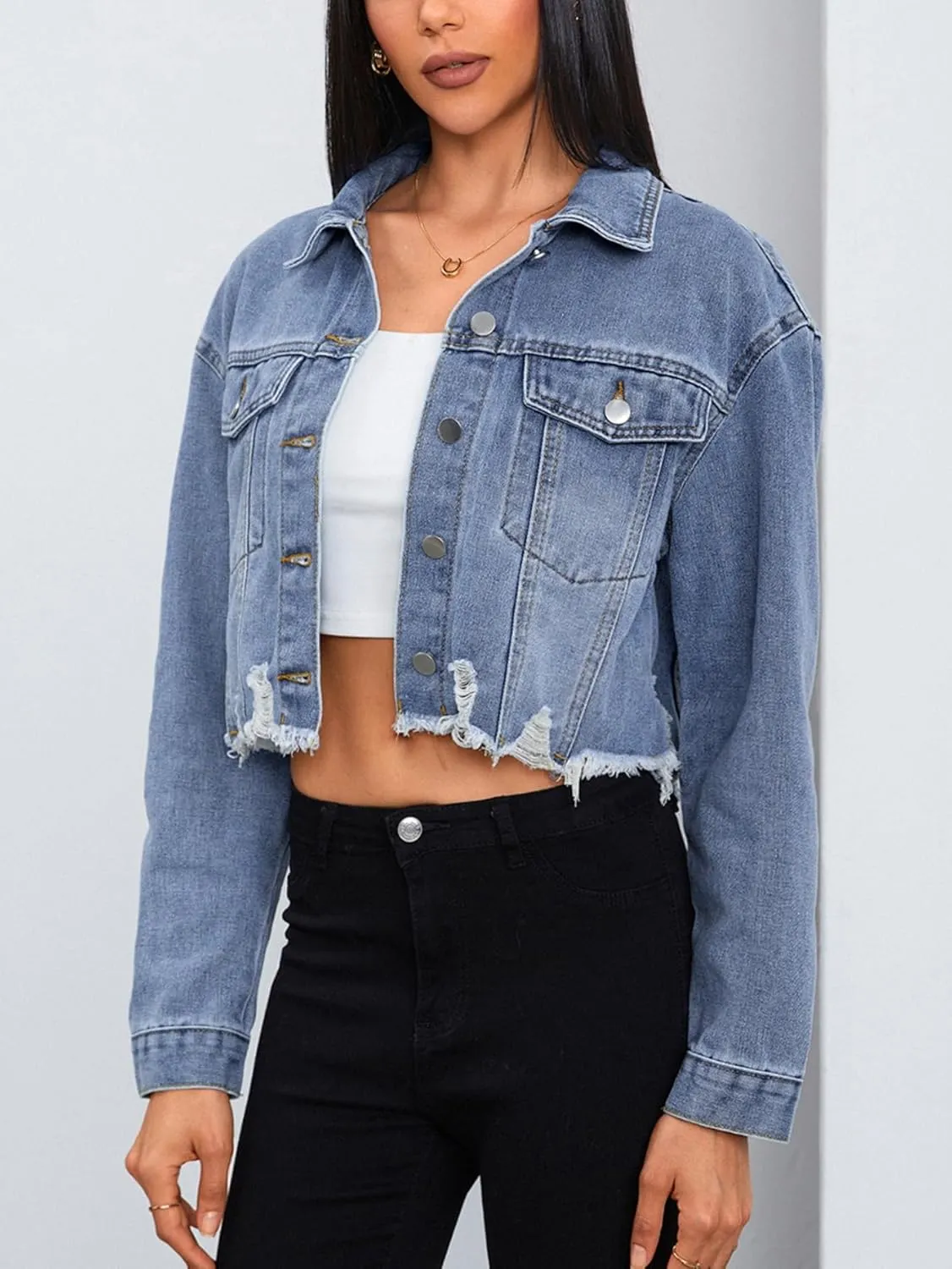 MakeMeChic Women's Crop Denim Jacket Casual Long Sleeve Ripped Frayed Hem Jean Jackets