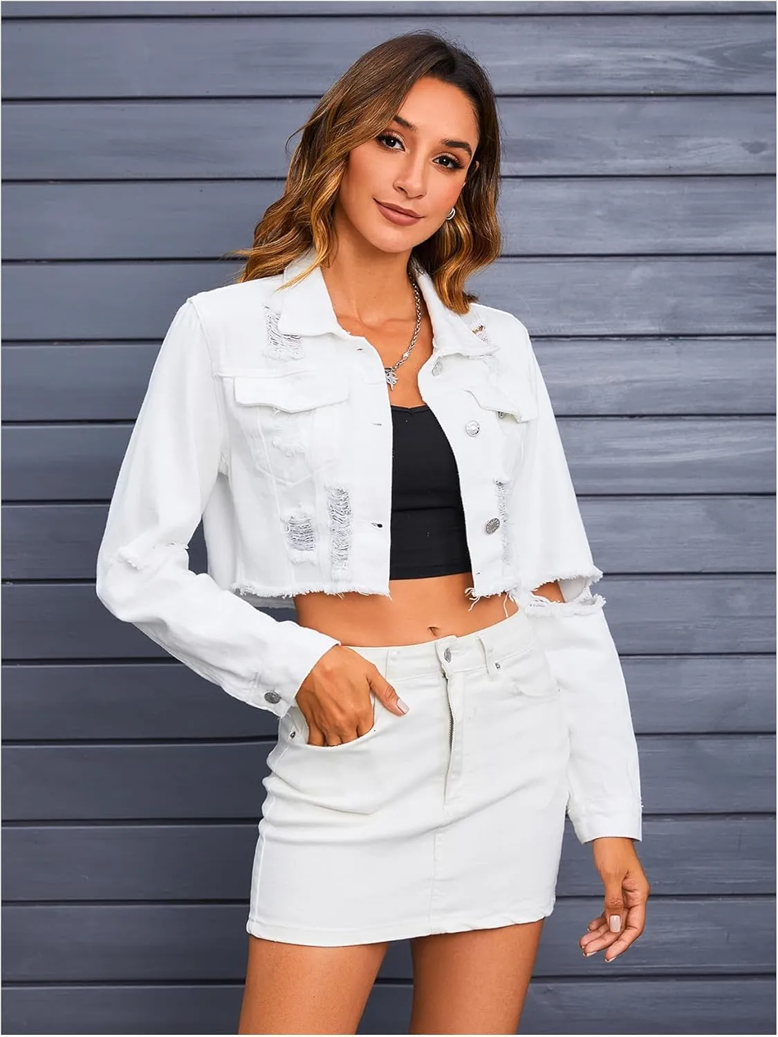 MakeMeChic Women's Crop Denim Jacket Casual Long Sleeve Ripped Frayed Hem Jean Jackets