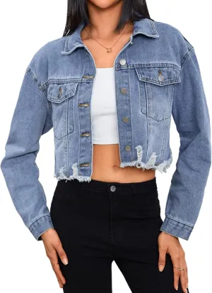 MakeMeChic Women's Crop Denim Jacket Casual Long Sleeve Ripped Frayed Hem Jean Jackets