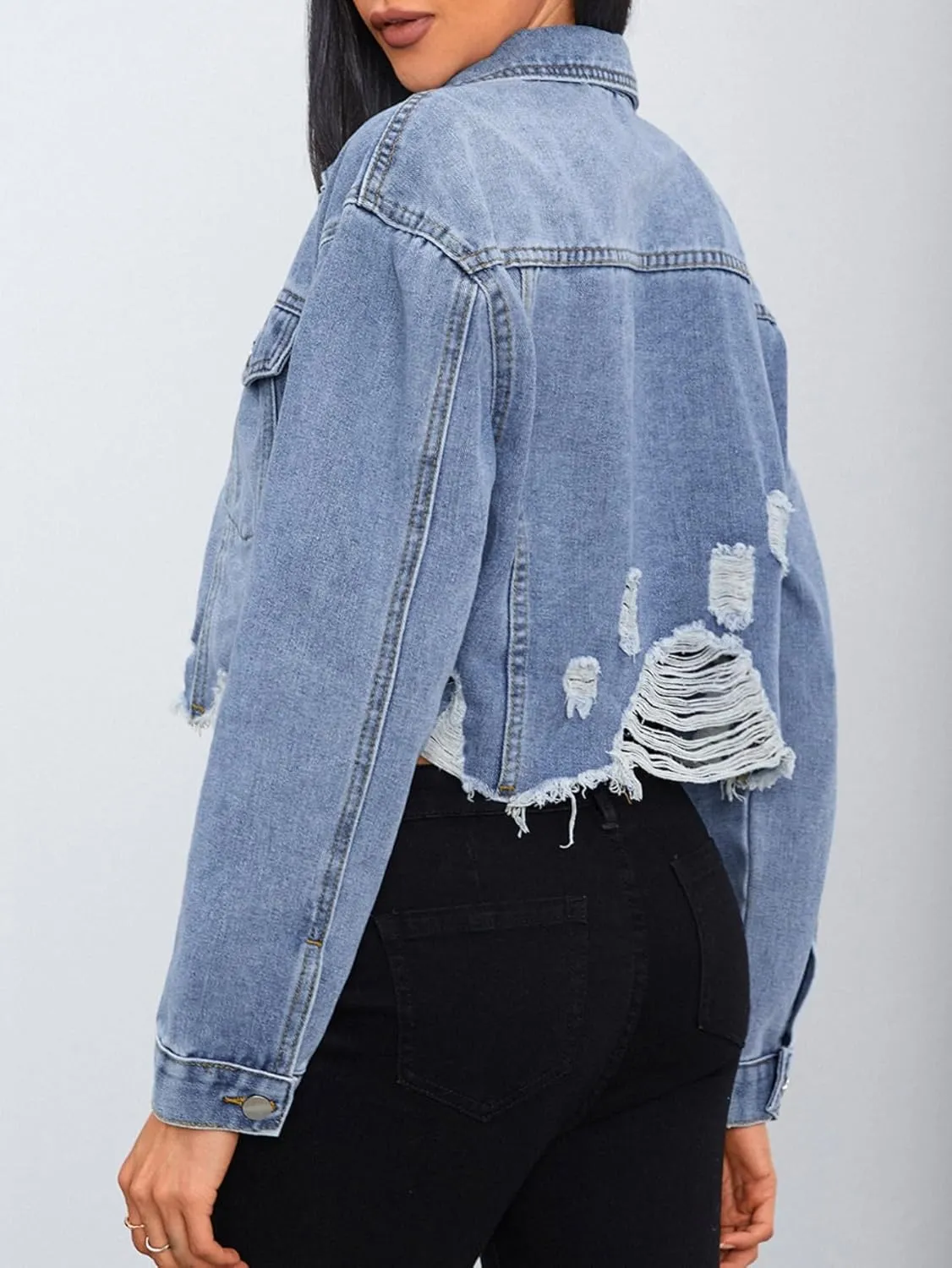 MakeMeChic Women's Crop Denim Jacket Casual Long Sleeve Ripped Frayed Hem Jean Jackets