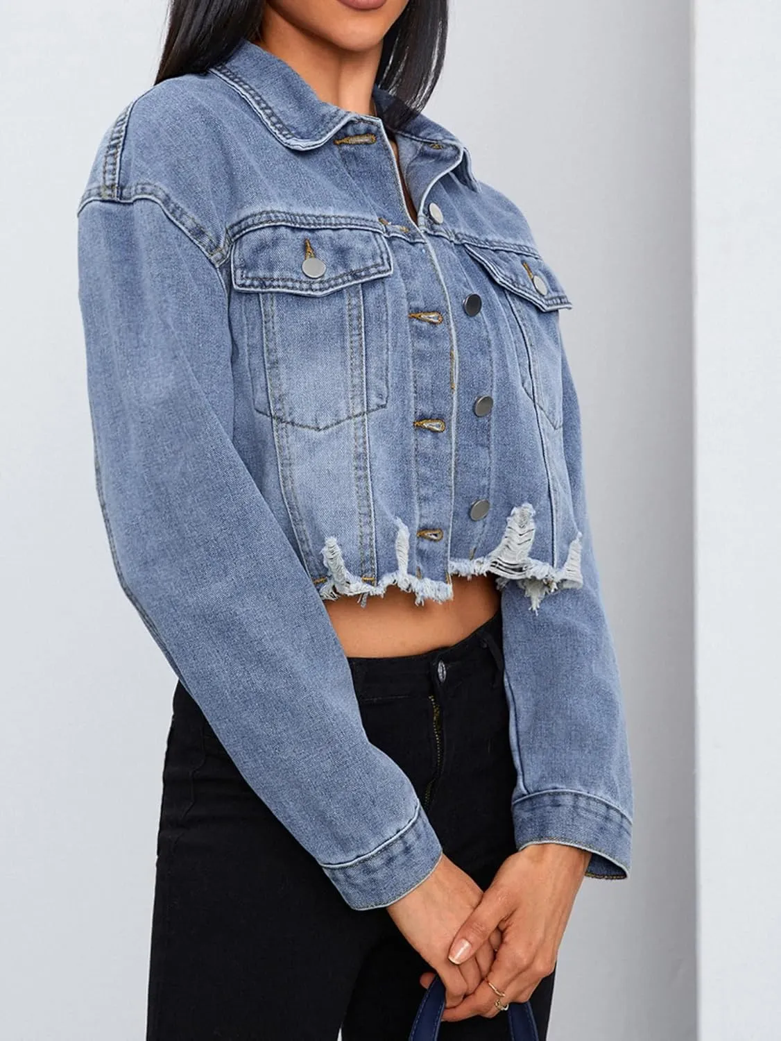 MakeMeChic Women's Crop Denim Jacket Casual Long Sleeve Ripped Frayed Hem Jean Jackets