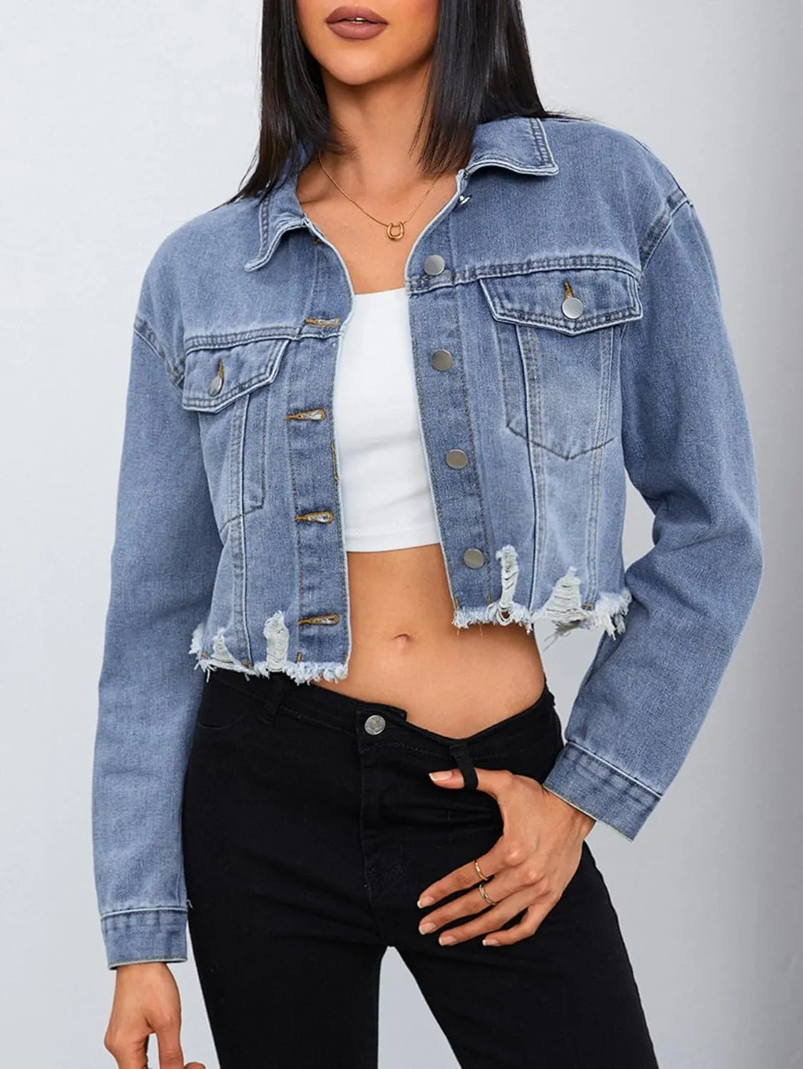 MakeMeChic Women's Crop Denim Jacket Casual Long Sleeve Ripped Frayed Hem Jean Jackets