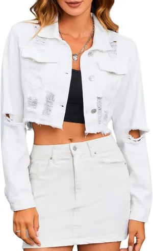MakeMeChic Women's Crop Denim Jacket Casual Long Sleeve Ripped Frayed Hem Jean Jackets
