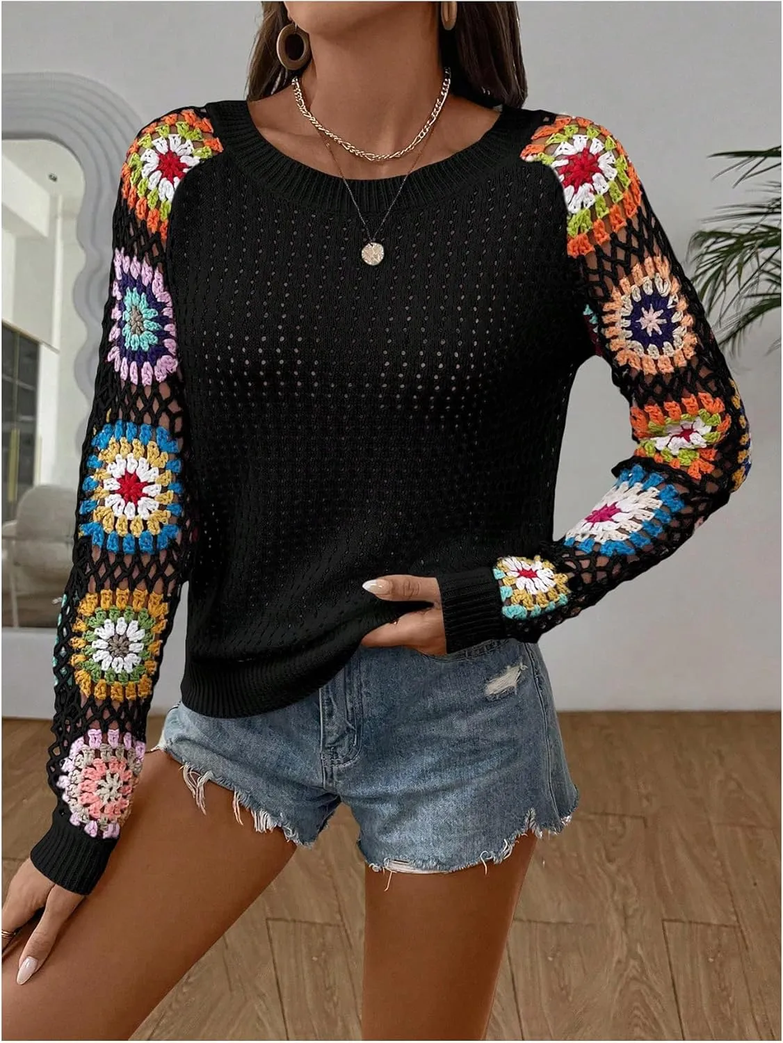 MakeMeChic Women's Floral Long Sleeve Crochet Sweaters Round Neck Hollow Out Knit Tops