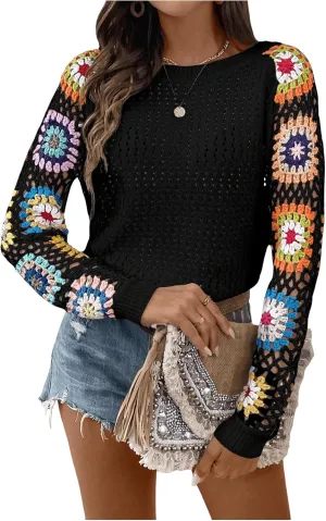 MakeMeChic Women's Floral Long Sleeve Crochet Sweaters Round Neck Hollow Out Knit Tops