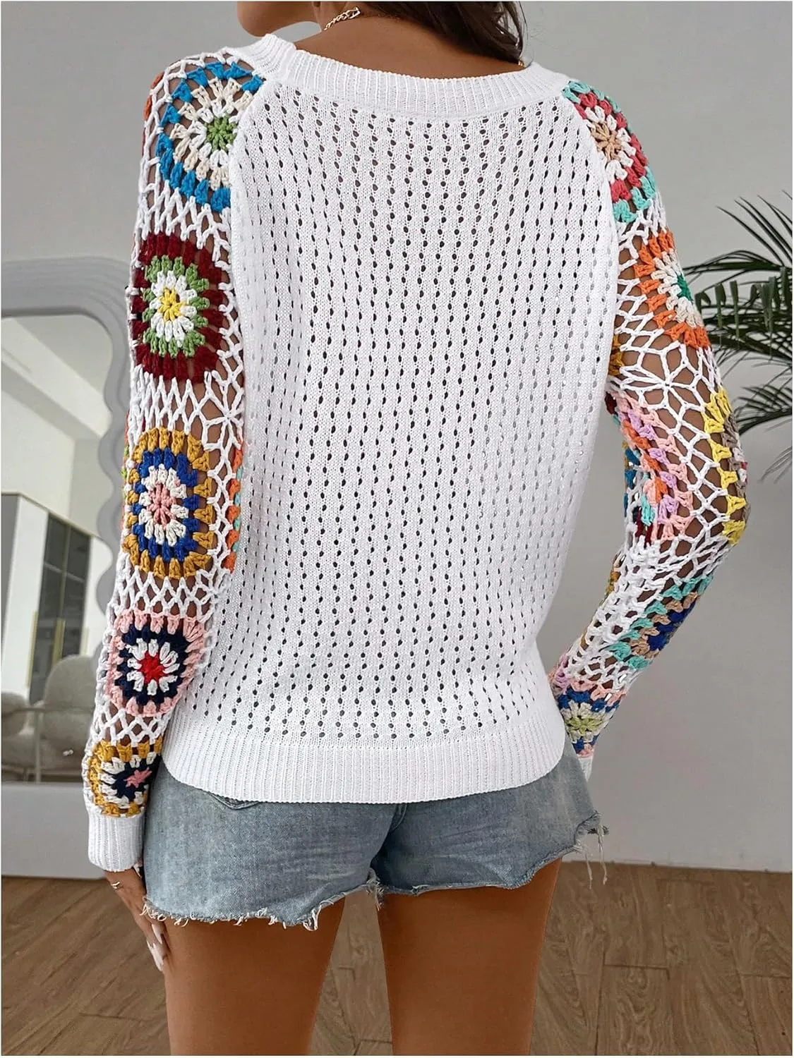 MakeMeChic Women's Floral Long Sleeve Crochet Sweaters Round Neck Hollow Out Knit Tops