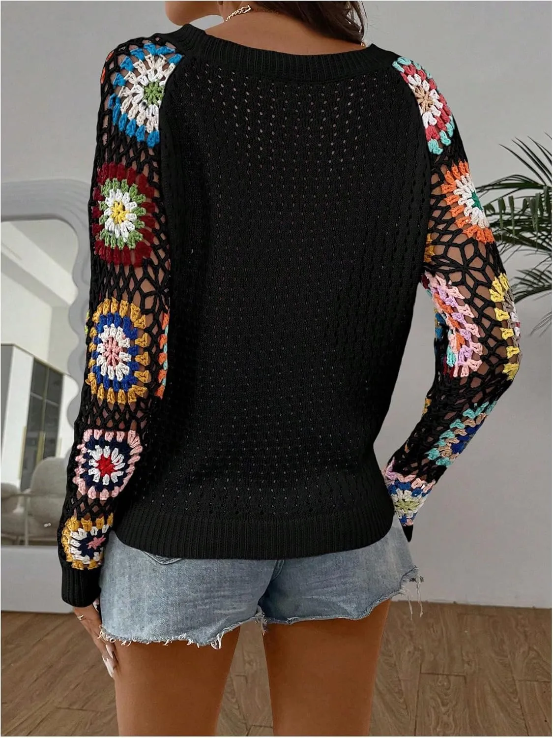 MakeMeChic Women's Floral Long Sleeve Crochet Sweaters Round Neck Hollow Out Knit Tops