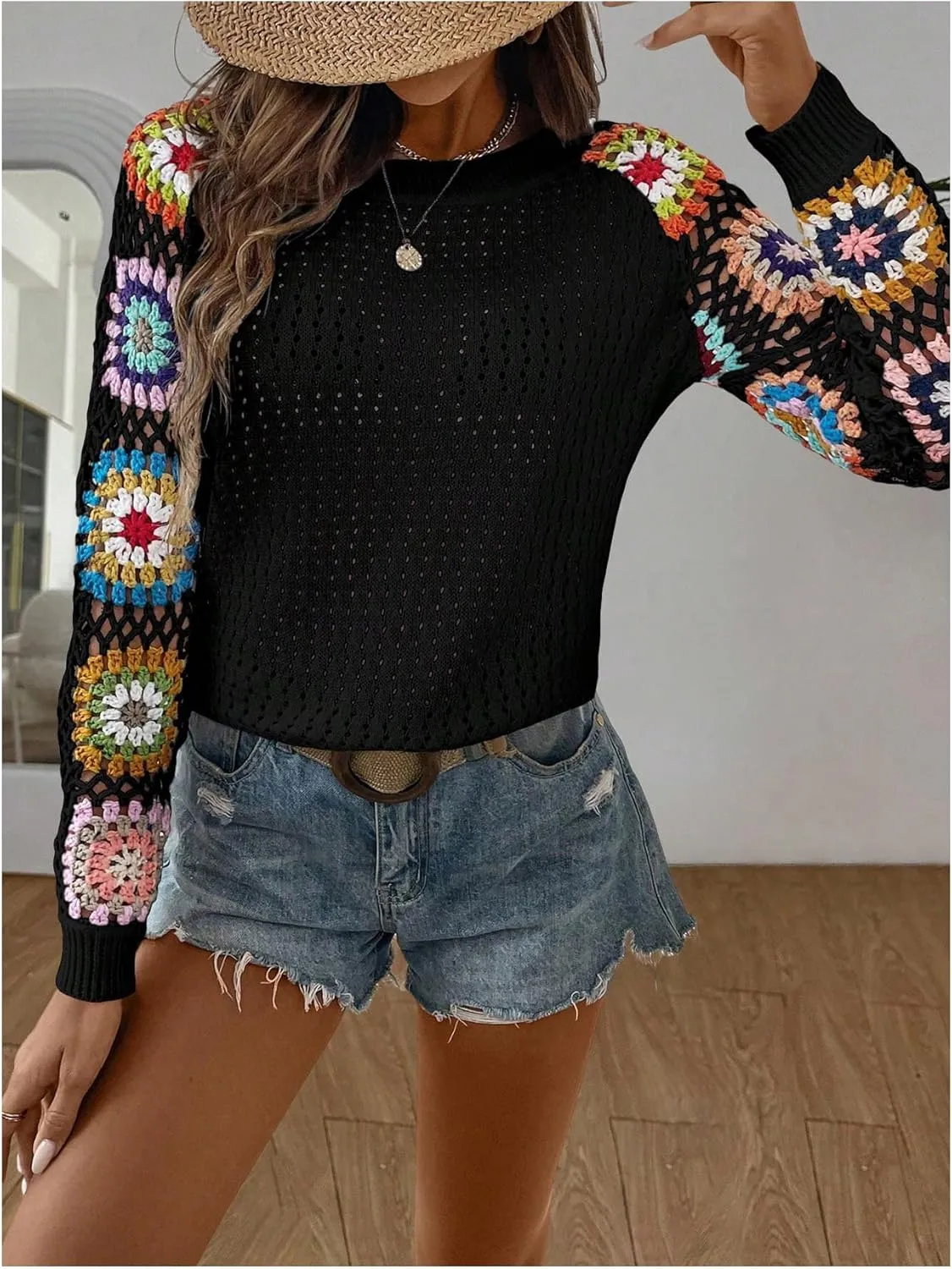 MakeMeChic Women's Floral Long Sleeve Crochet Sweaters Round Neck Hollow Out Knit Tops