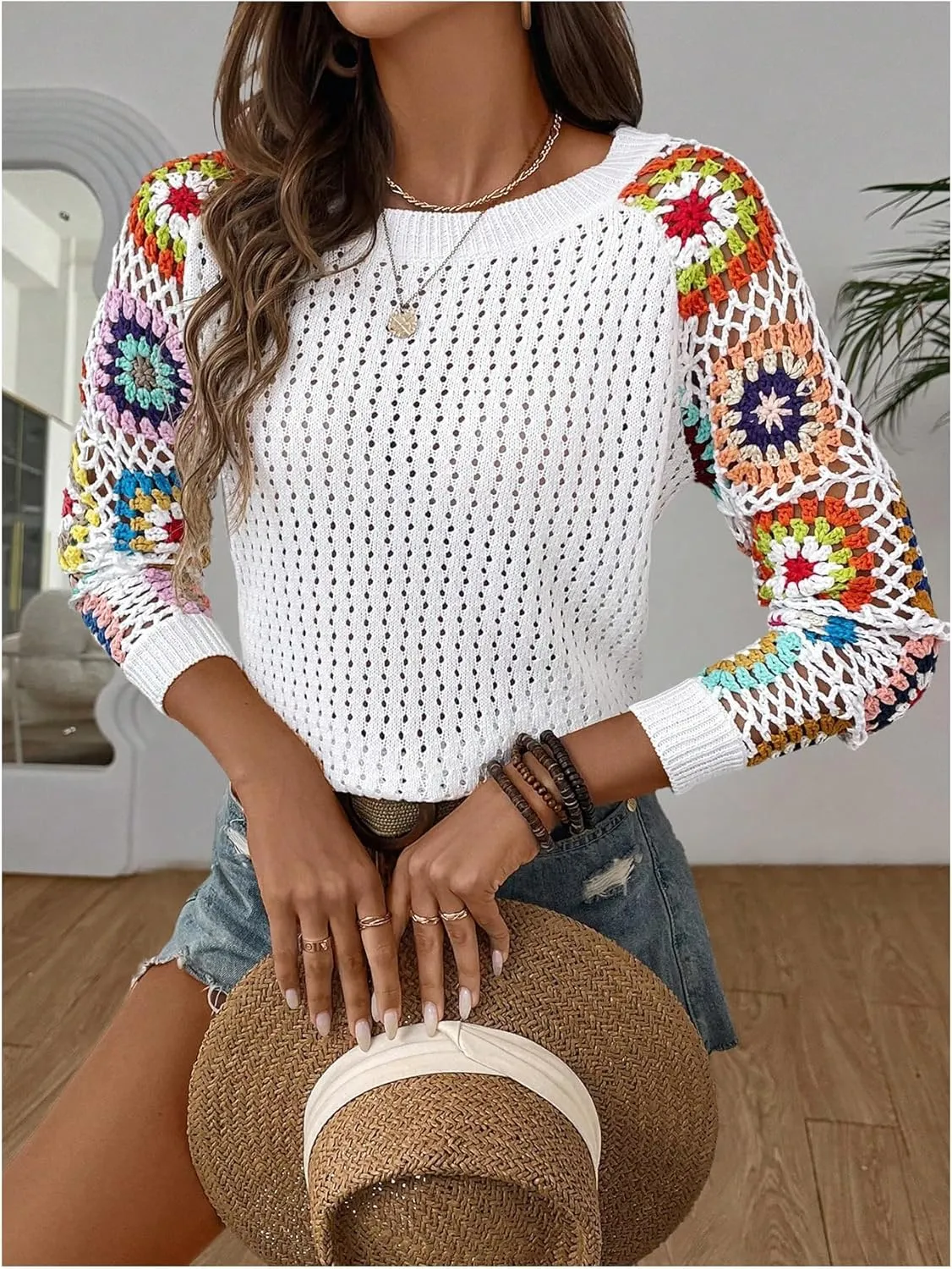 MakeMeChic Women's Floral Long Sleeve Crochet Sweaters Round Neck Hollow Out Knit Tops