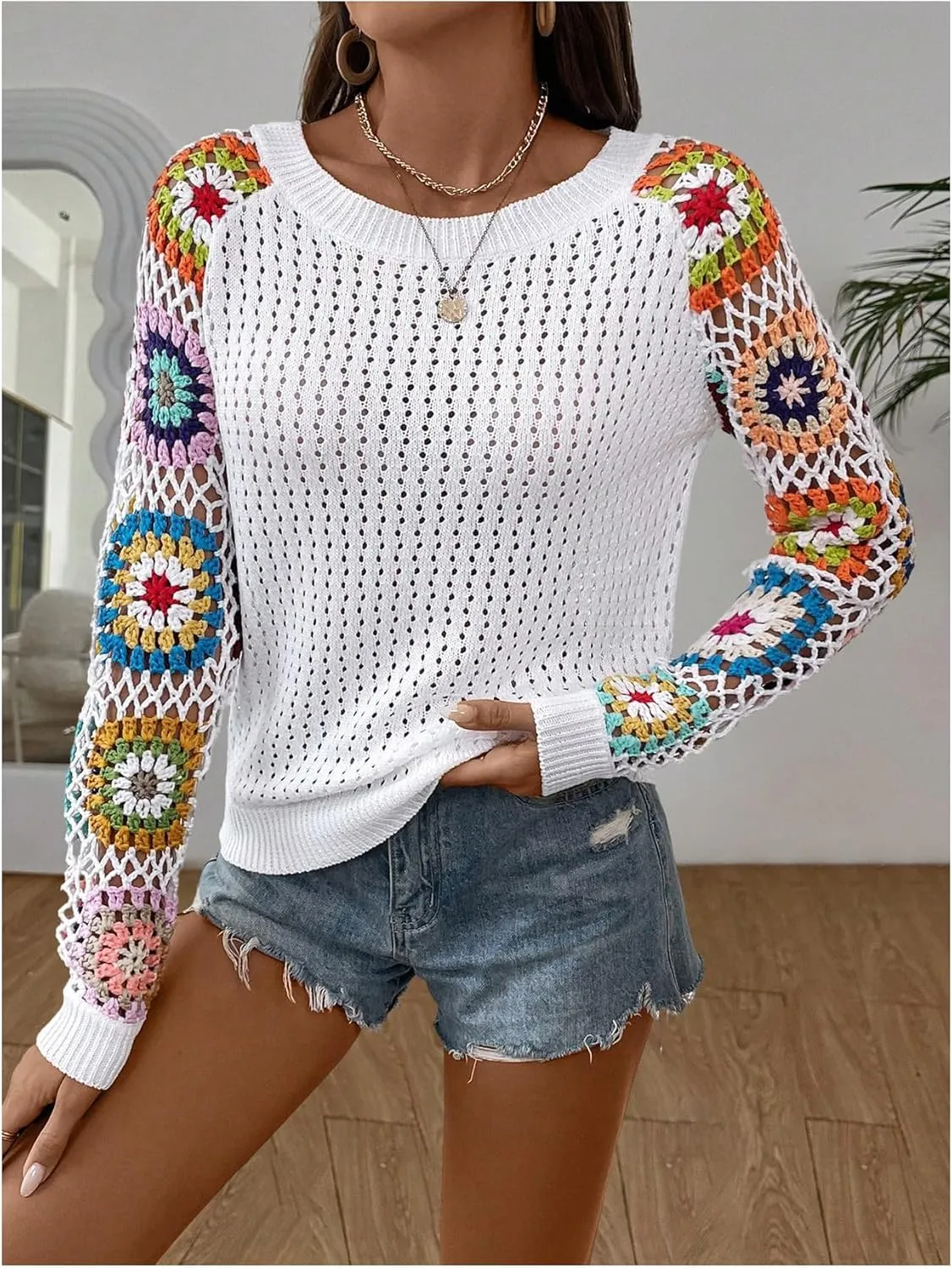 MakeMeChic Women's Floral Long Sleeve Crochet Sweaters Round Neck Hollow Out Knit Tops