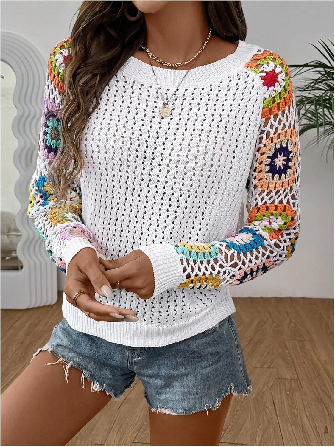 MakeMeChic Women's Floral Long Sleeve Crochet Sweaters Round Neck Hollow Out Knit Tops
