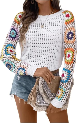 MakeMeChic Women's Floral Long Sleeve Crochet Sweaters Round Neck Hollow Out Knit Tops
