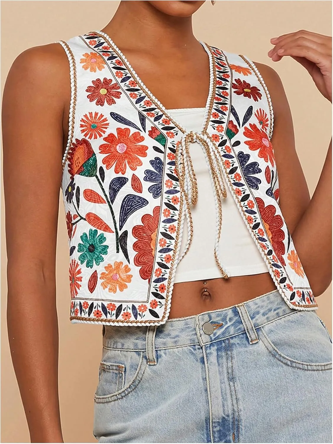 MakeMeChic Women's Floral V Neck Tank Top Sleeveless Tie Front Boho Vest