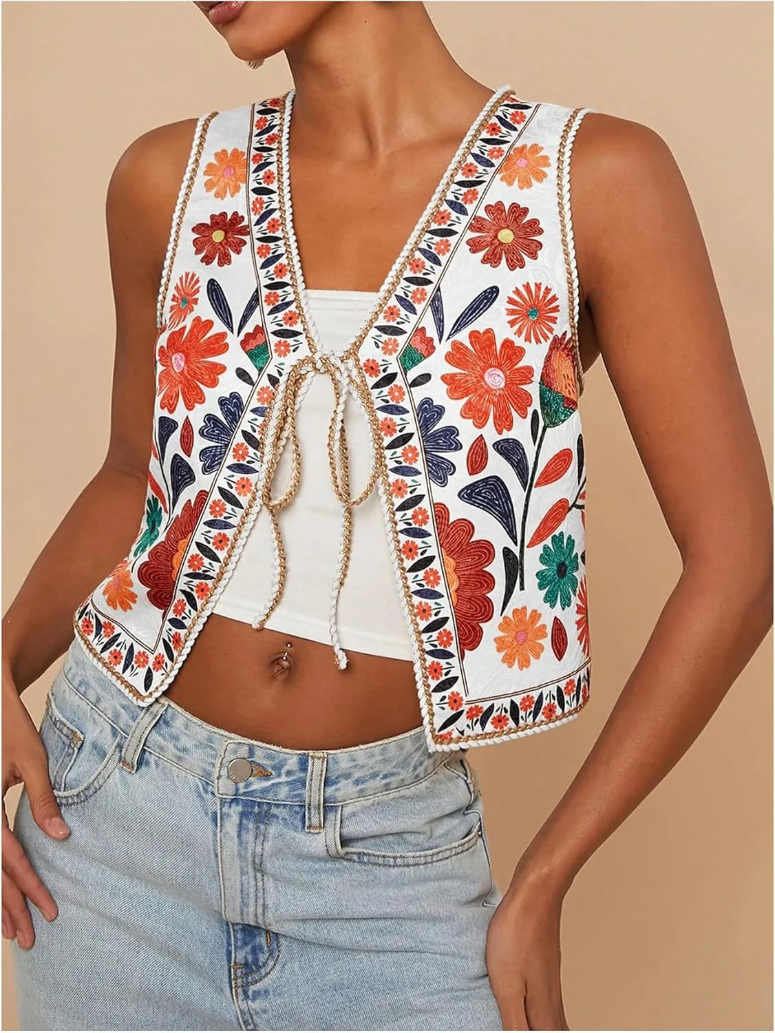 MakeMeChic Women's Floral V Neck Tank Top Sleeveless Tie Front Boho Vest