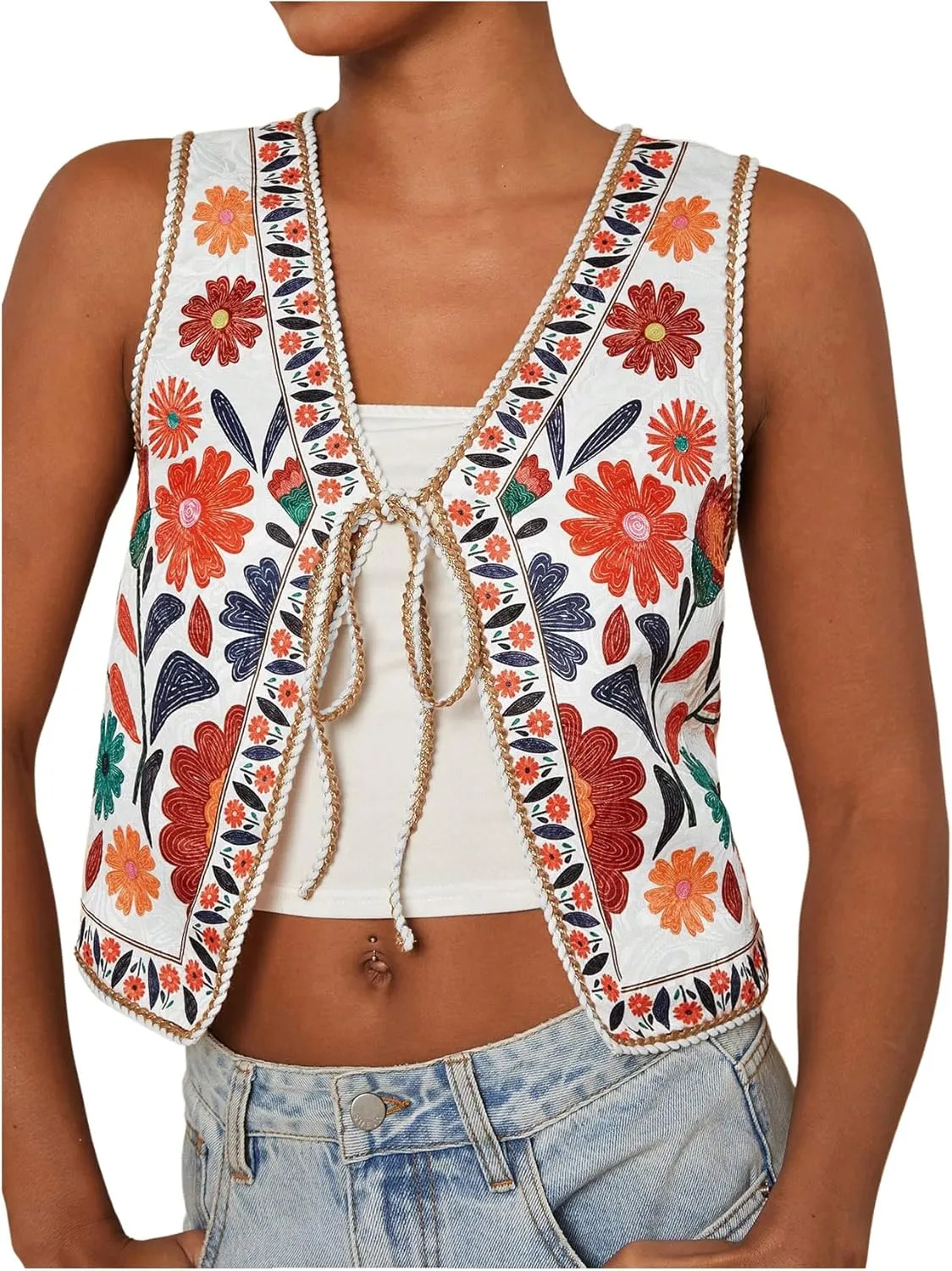 MakeMeChic Women's Floral V Neck Tank Top Sleeveless Tie Front Boho Vest