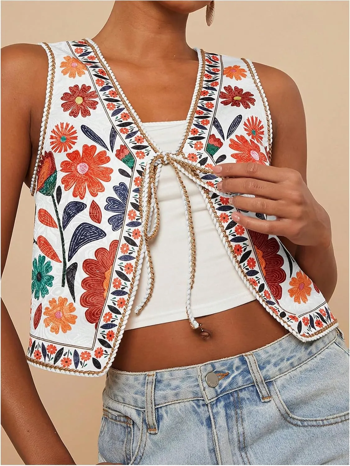 MakeMeChic Women's Floral V Neck Tank Top Sleeveless Tie Front Boho Vest