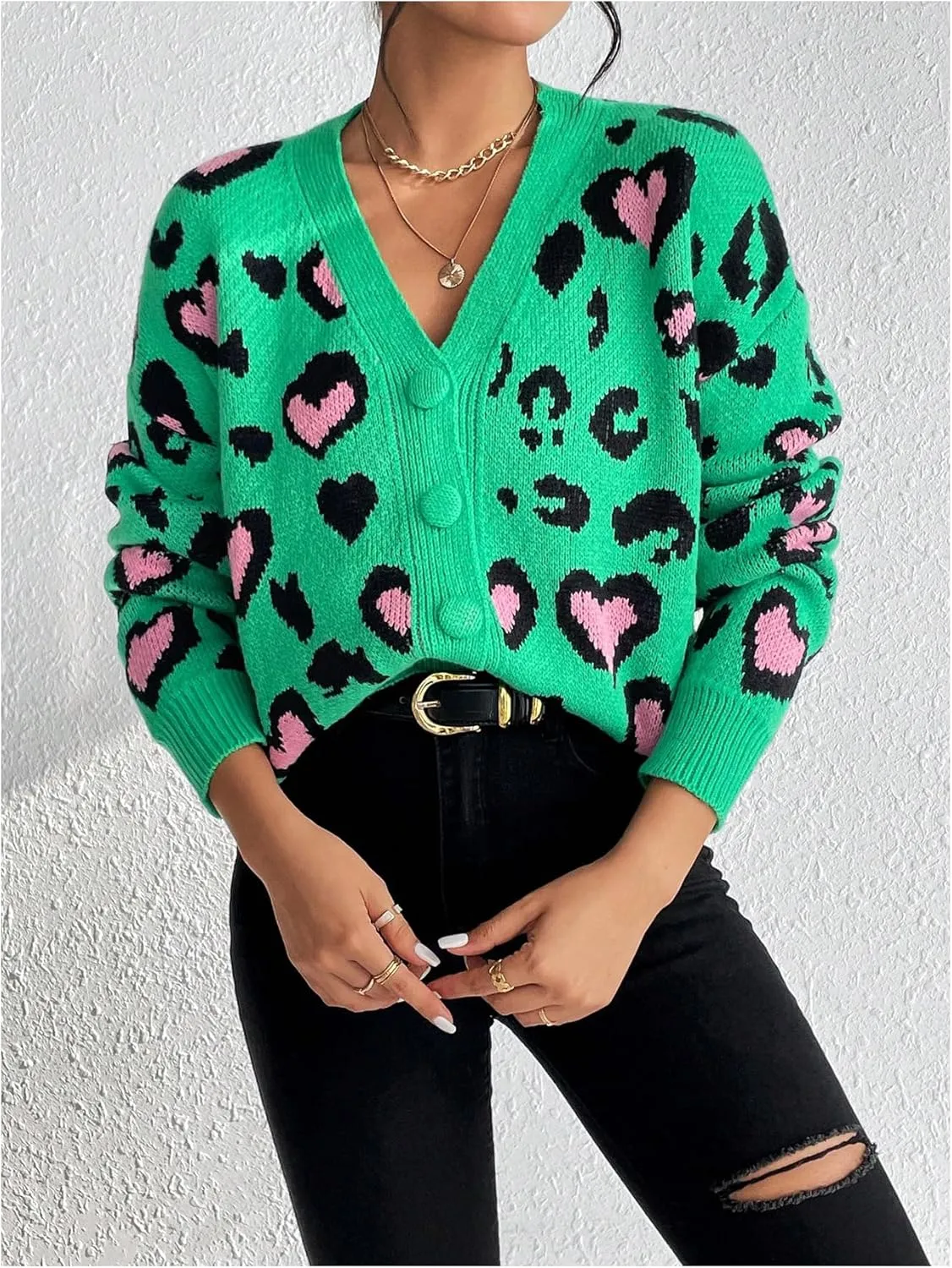 MakeMeChic Women's Leopard Print V Neck Button Down Cardigan Sweaters Long Sleeve Y2K Cardigan