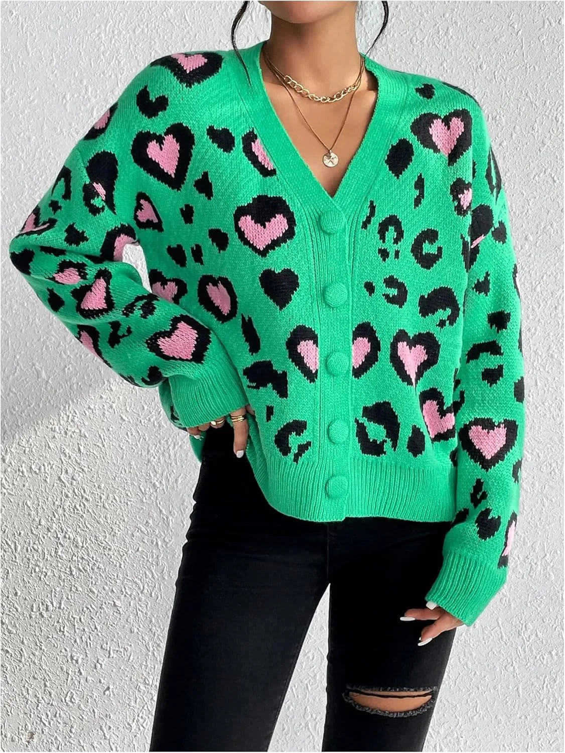 MakeMeChic Women's Leopard Print V Neck Button Down Cardigan Sweaters Long Sleeve Y2K Cardigan