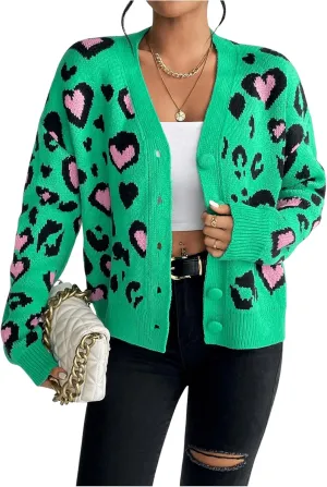 MakeMeChic Women's Leopard Print V Neck Button Down Cardigan Sweaters Long Sleeve Y2K Cardigan