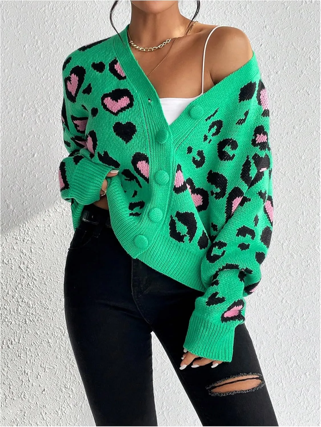 MakeMeChic Women's Leopard Print V Neck Button Down Cardigan Sweaters Long Sleeve Y2K Cardigan
