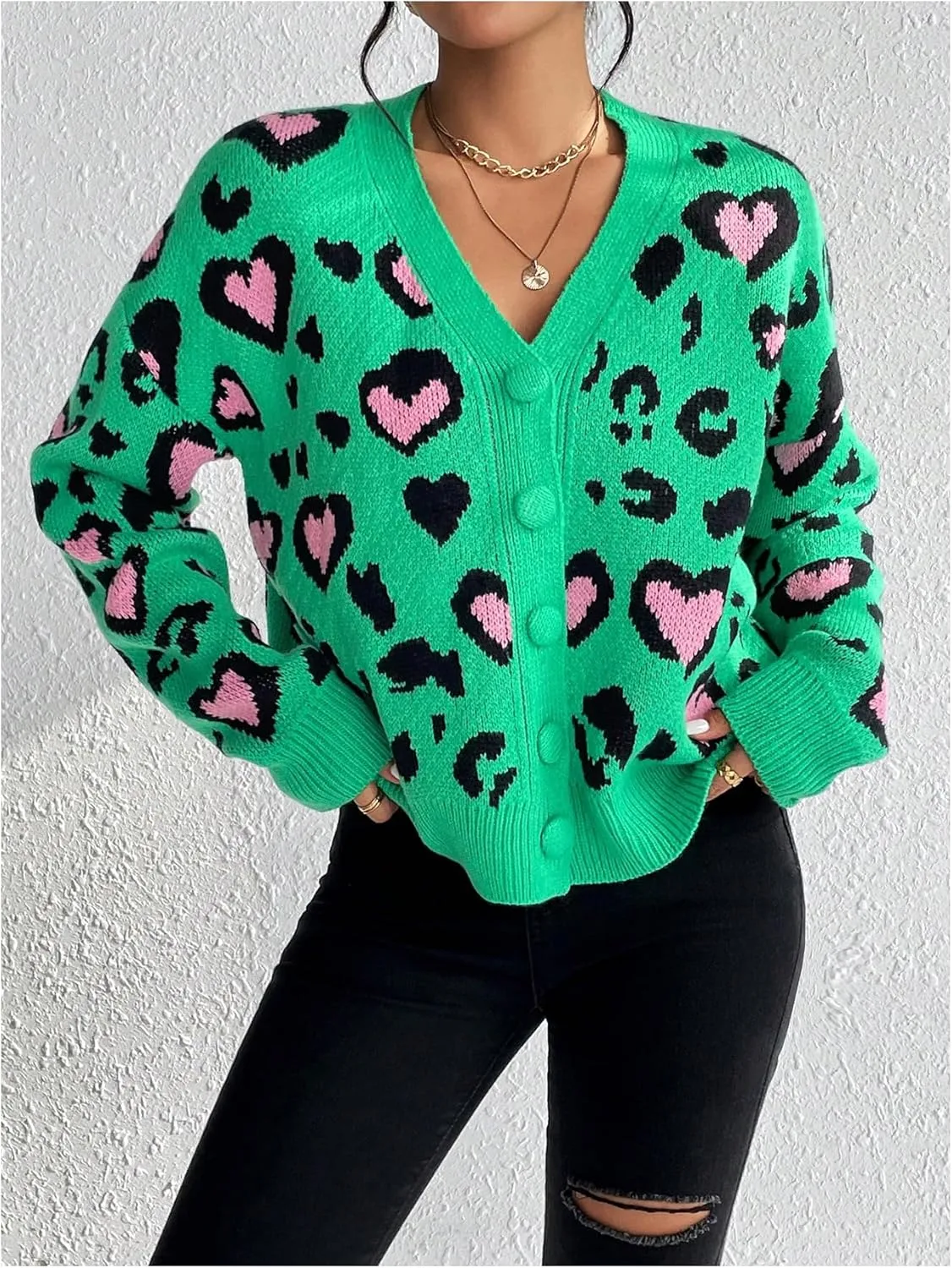 MakeMeChic Women's Leopard Print V Neck Button Down Cardigan Sweaters Long Sleeve Y2K Cardigan