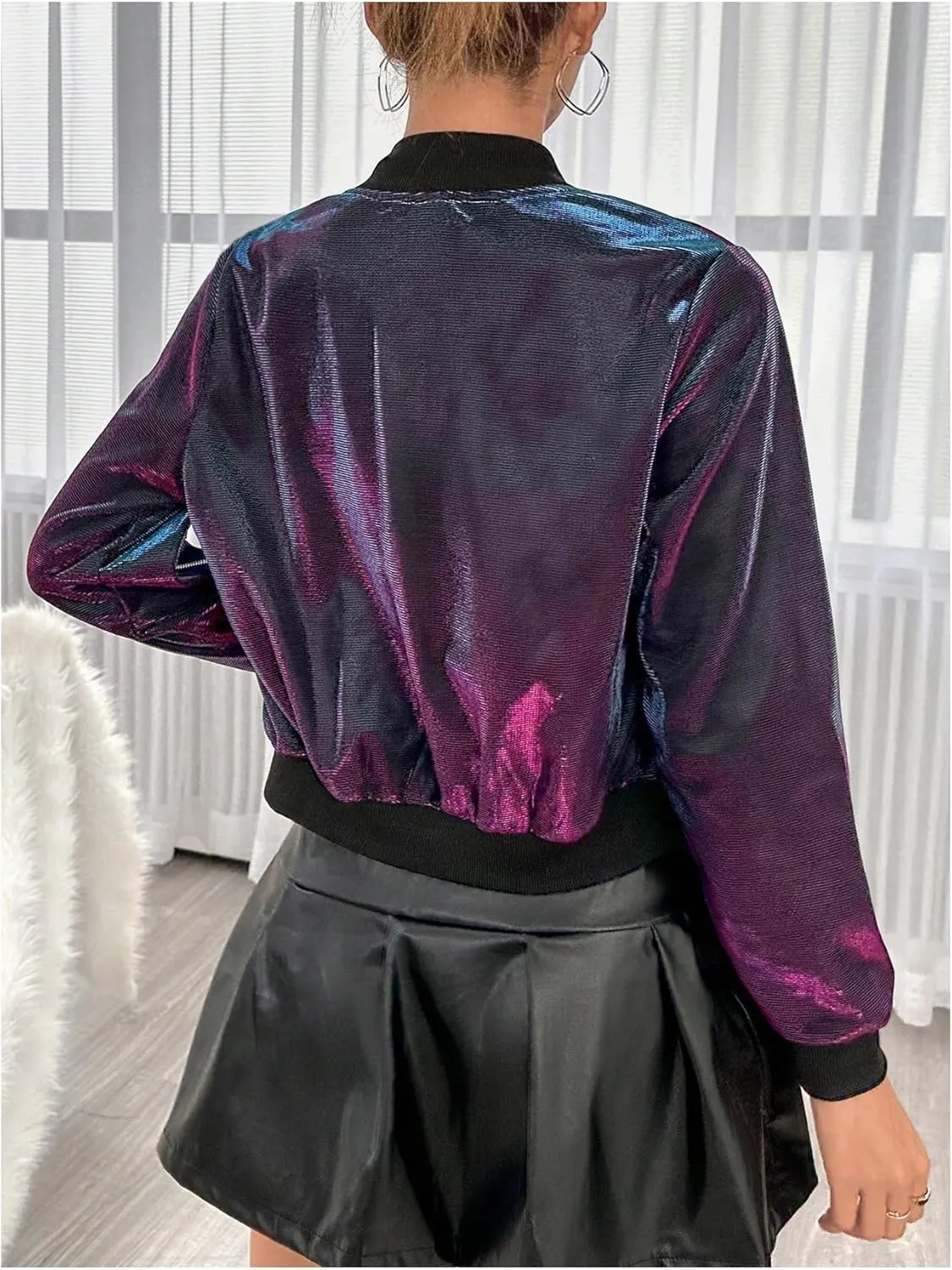 MakeMeChic Women's Metallic Holographic Crop Jacket Long Sleeve Baseball Collar Zip Up Bomber Jackets