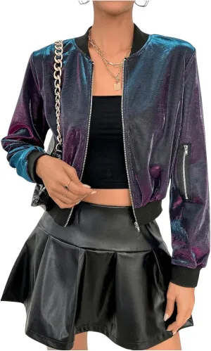 MakeMeChic Women's Metallic Holographic Crop Jacket Long Sleeve Baseball Collar Zip Up Bomber Jackets
