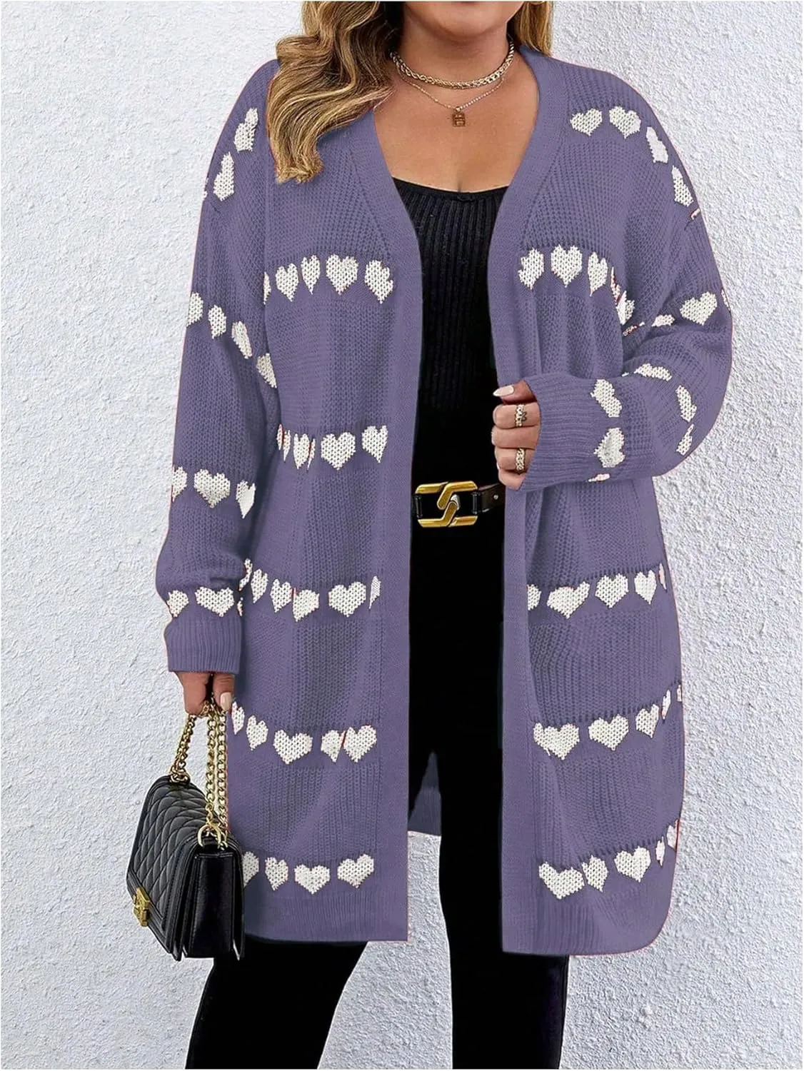MakeMeChic Women's Plus Size Casual Open Front Duster Cardigan Sweater Heart Printed Long Sleeve Loose Outerwear