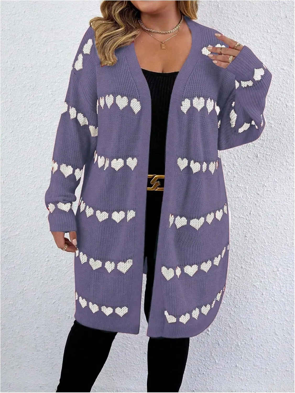 MakeMeChic Women's Plus Size Casual Open Front Duster Cardigan Sweater Heart Printed Long Sleeve Loose Outerwear