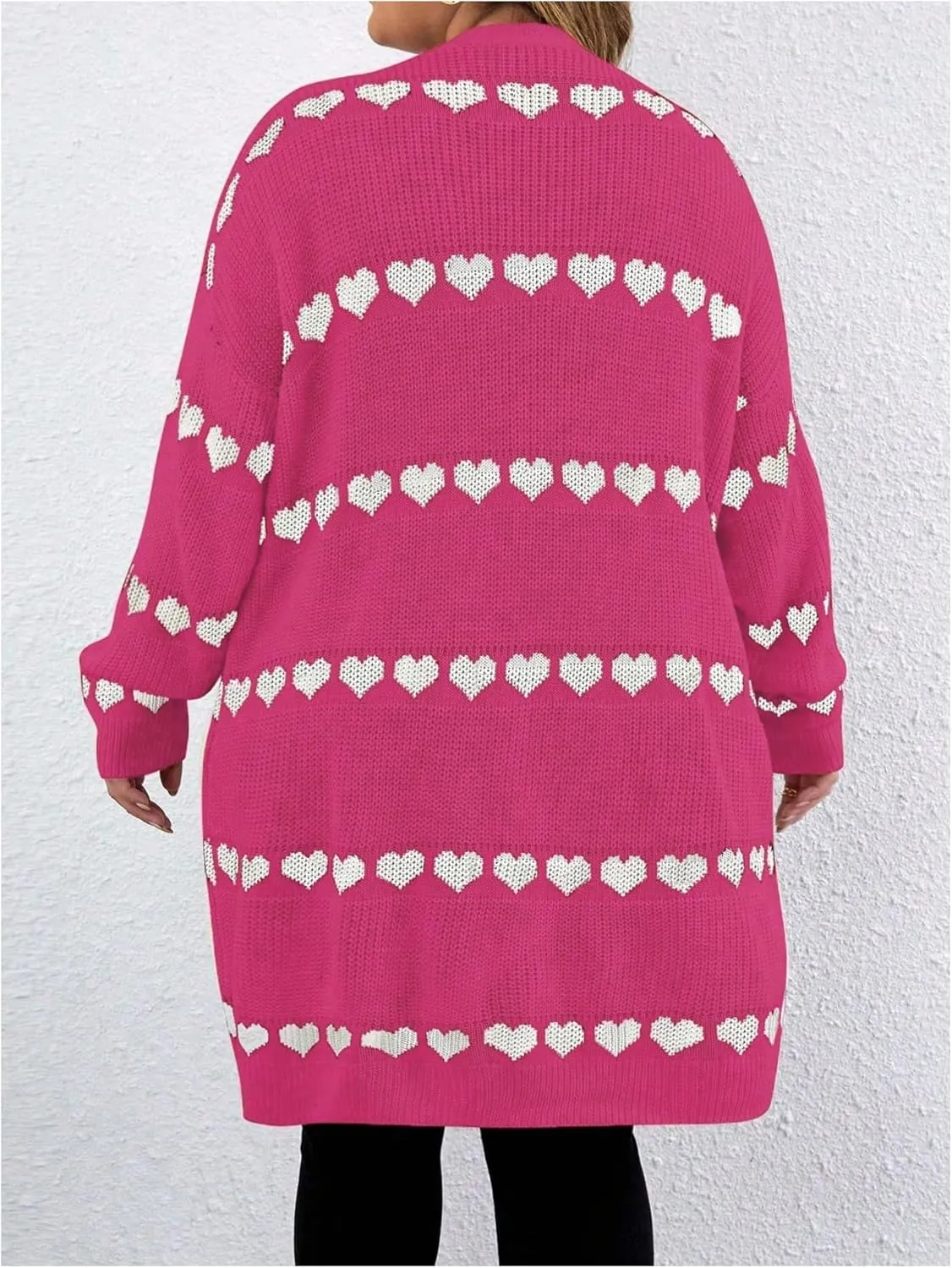 MakeMeChic Women's Plus Size Casual Open Front Duster Cardigan Sweater Heart Printed Long Sleeve Loose Outerwear