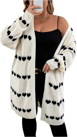 MakeMeChic Women's Plus Size Casual Open Front Duster Cardigan Sweater Heart Printed Long Sleeve Loose Outerwear
