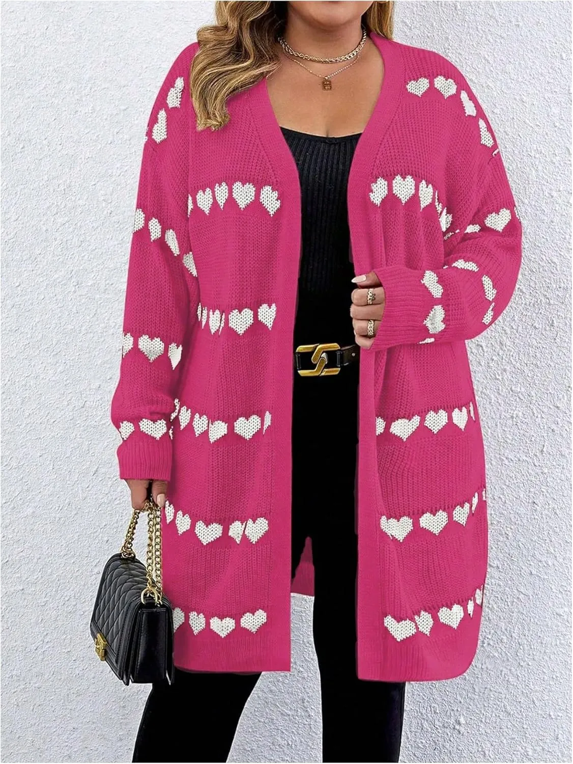 MakeMeChic Women's Plus Size Casual Open Front Duster Cardigan Sweater Heart Printed Long Sleeve Loose Outerwear