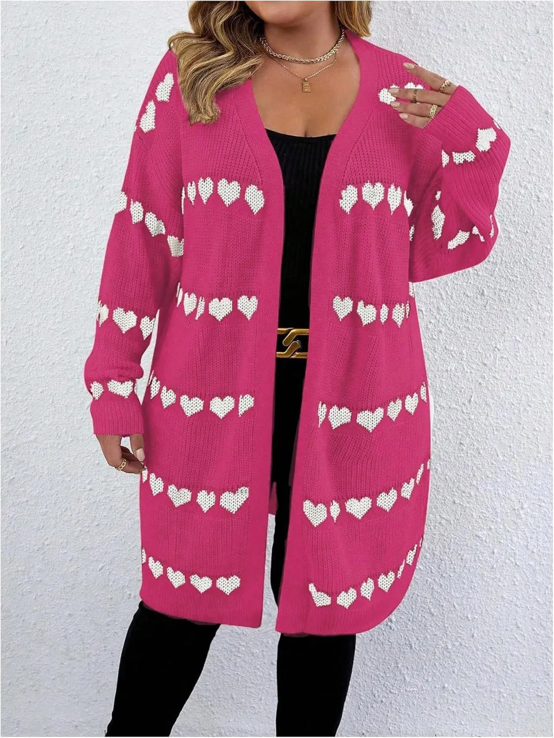 MakeMeChic Women's Plus Size Casual Open Front Duster Cardigan Sweater Heart Printed Long Sleeve Loose Outerwear