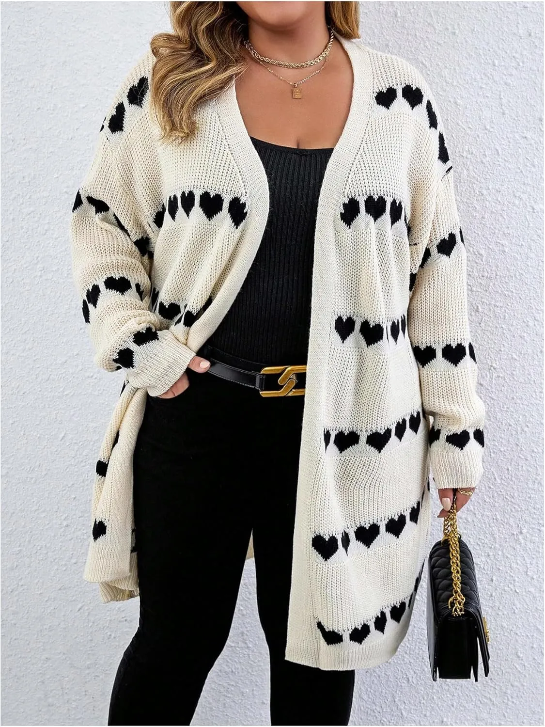 MakeMeChic Women's Plus Size Casual Open Front Duster Cardigan Sweater Heart Printed Long Sleeve Loose Outerwear