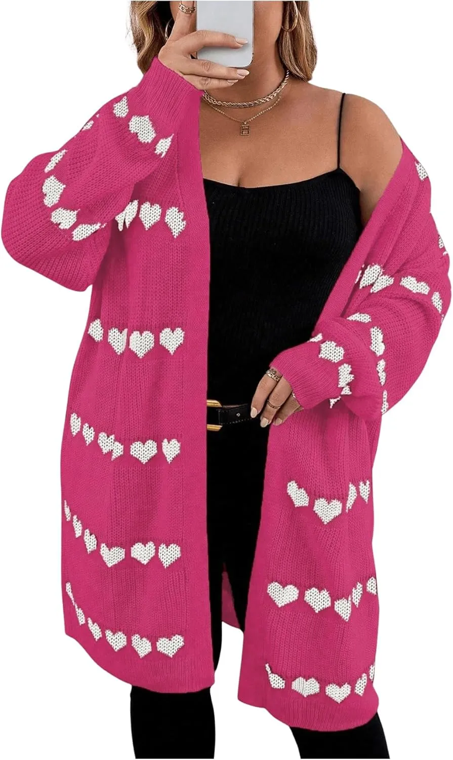 MakeMeChic Women's Plus Size Casual Open Front Duster Cardigan Sweater Heart Printed Long Sleeve Loose Outerwear
