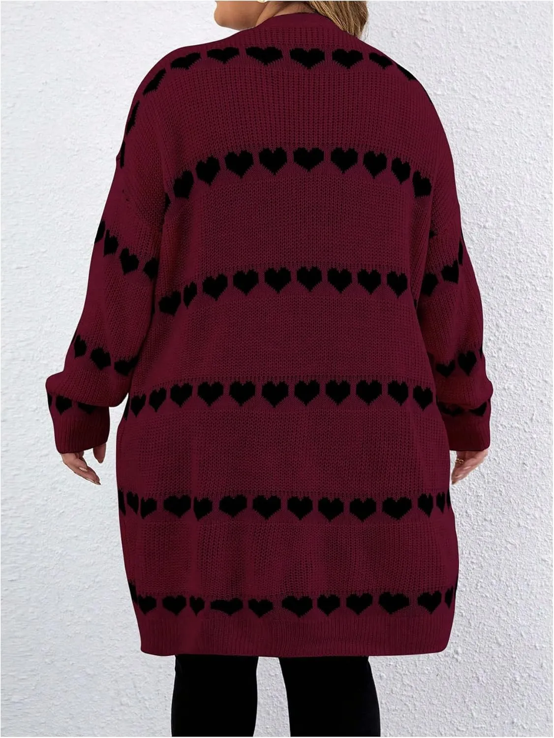 MakeMeChic Women's Plus Size Casual Open Front Duster Cardigan Sweater Heart Printed Long Sleeve Loose Outerwear