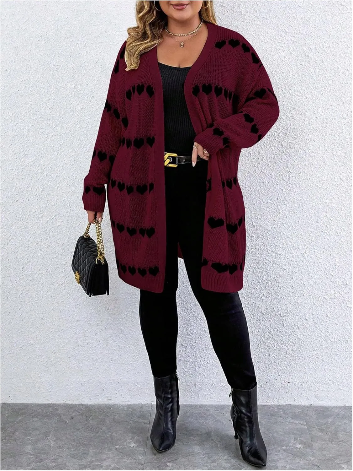 MakeMeChic Women's Plus Size Casual Open Front Duster Cardigan Sweater Heart Printed Long Sleeve Loose Outerwear