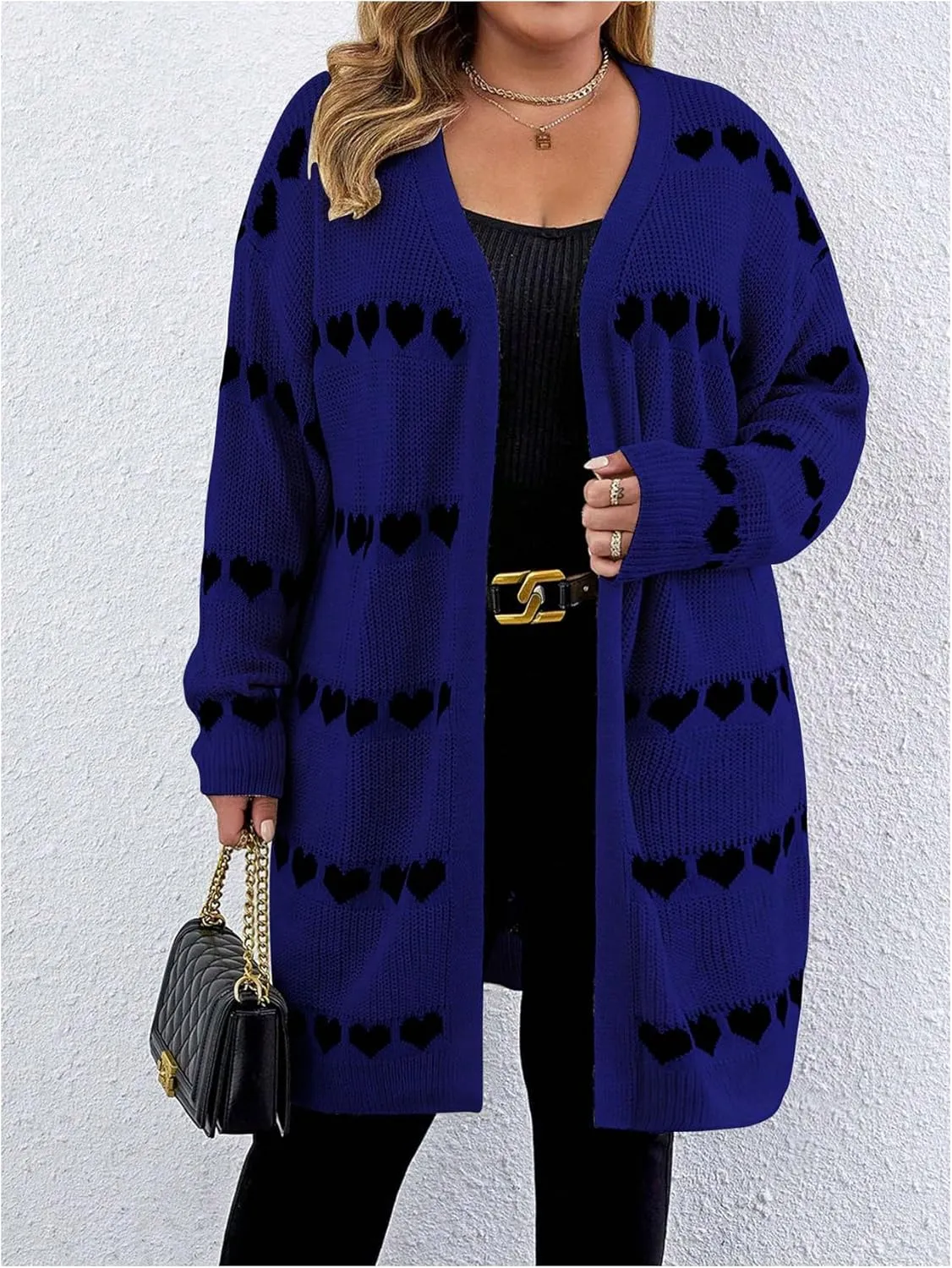 MakeMeChic Women's Plus Size Casual Open Front Duster Cardigan Sweater Heart Printed Long Sleeve Loose Outerwear