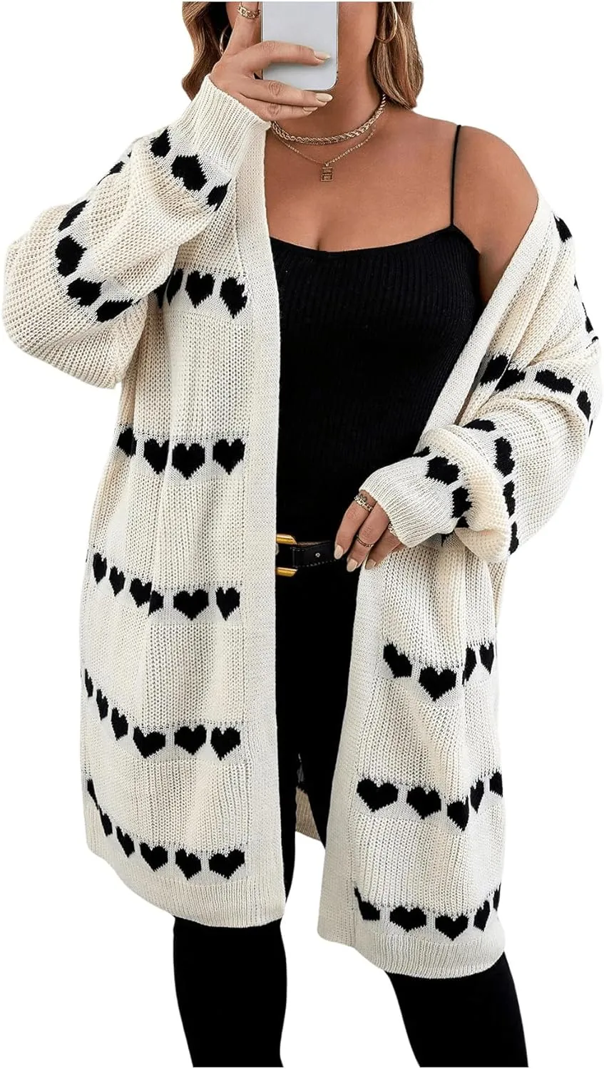 MakeMeChic Women's Plus Size Casual Open Front Duster Cardigan Sweater Heart Printed Long Sleeve Loose Outerwear