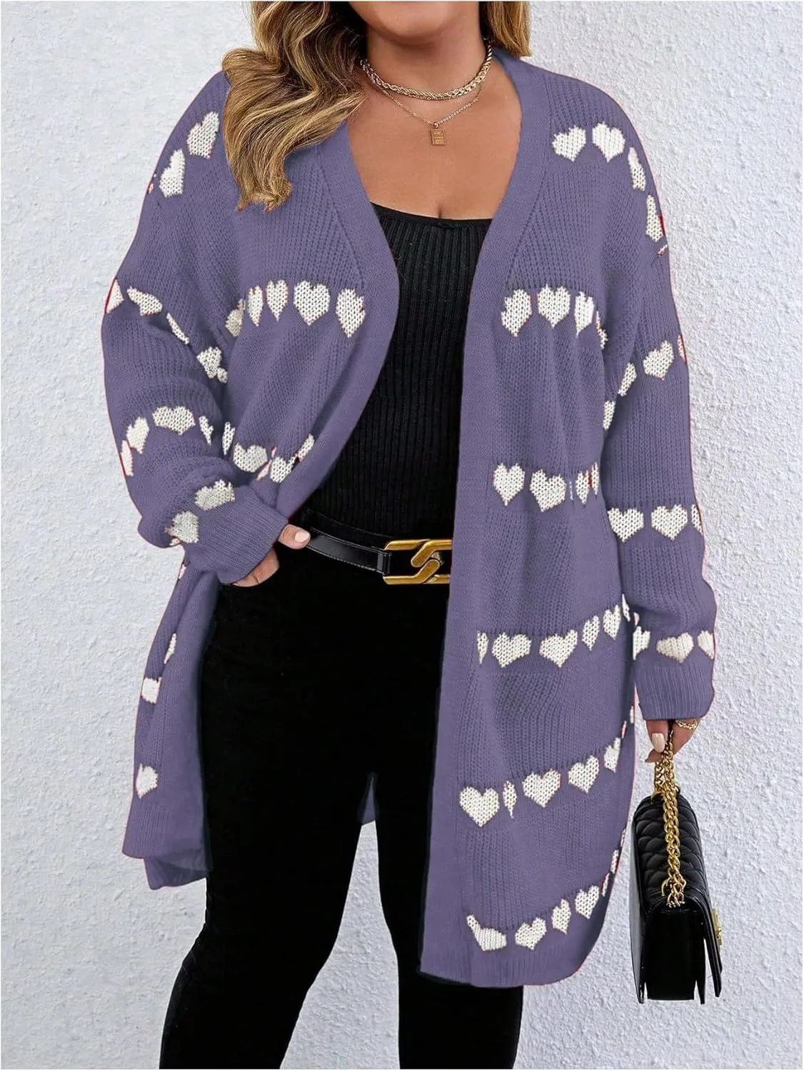MakeMeChic Women's Plus Size Casual Open Front Duster Cardigan Sweater Heart Printed Long Sleeve Loose Outerwear