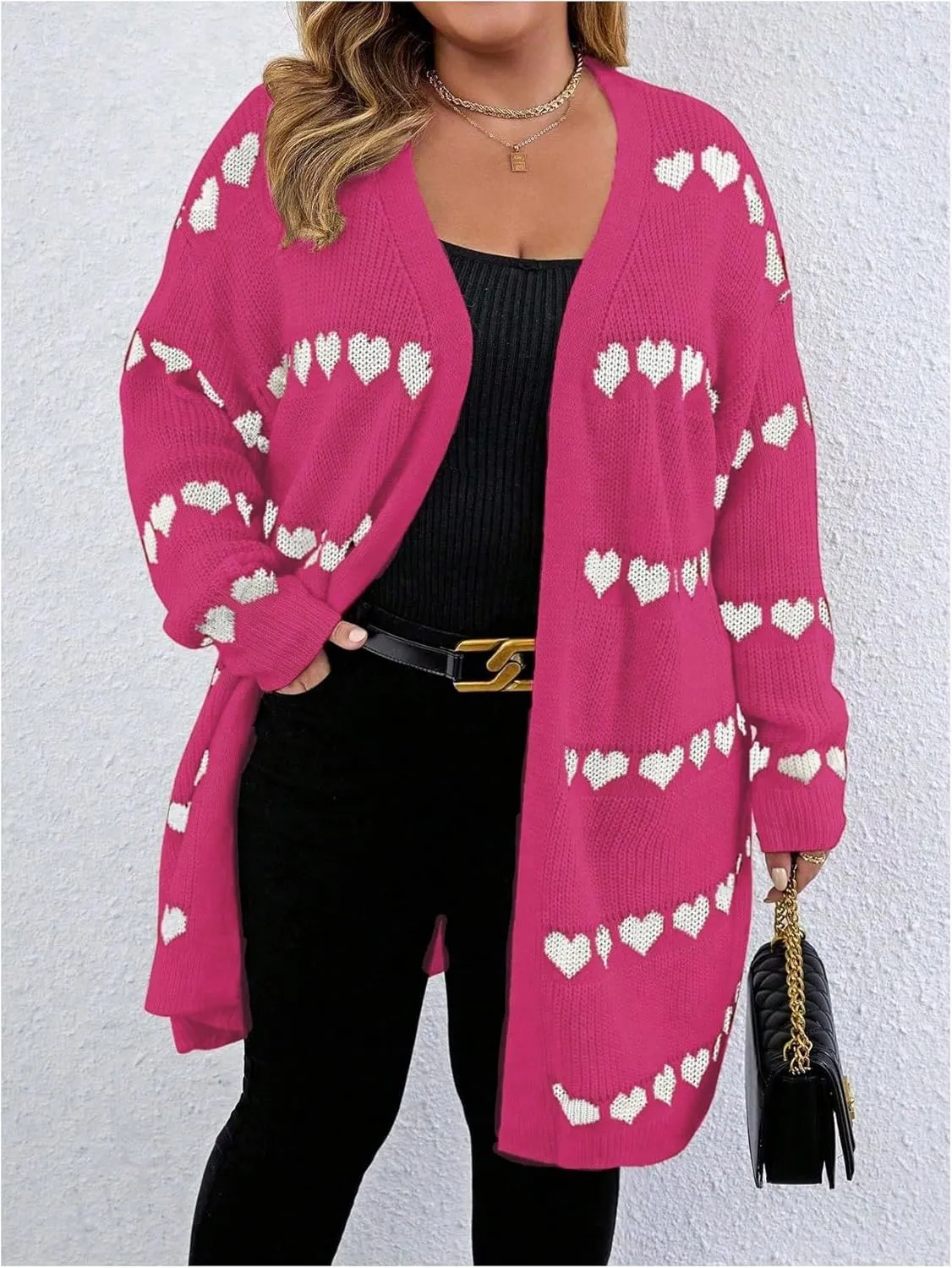 MakeMeChic Women's Plus Size Casual Open Front Duster Cardigan Sweater Heart Printed Long Sleeve Loose Outerwear