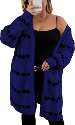 MakeMeChic Women's Plus Size Casual Open Front Duster Cardigan Sweater Heart Printed Long Sleeve Loose Outerwear