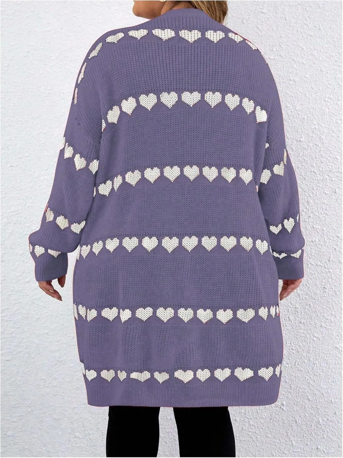 MakeMeChic Women's Plus Size Casual Open Front Duster Cardigan Sweater Heart Printed Long Sleeve Loose Outerwear
